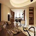 Modern Living And Dining Room Interior With Brown Sofa Woven Partition And Round Ceiling Fan