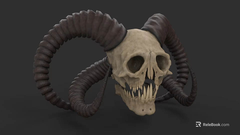 Fantasy Game Character Skull With Large Curved Horns And Sharp Teeth 3d model 