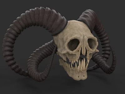 Fantasy Game Character Skull With Large Curved Horns And Sharp Teeth 3d model
