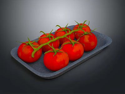 Fresh Red Tomatoes With Green Stems On Gray Tray Dark Background 3d model