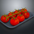 Fresh Red Tomatoes With Green Stems On Gray Tray Dark Background 3d model