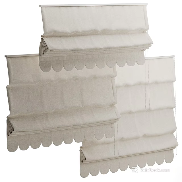 Classic Beige Linen Roman Shades Featuring Pleated Design And Scalloped Edges 3d model 