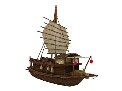 Traditional Wooden Boat With Classic Sail Design Wooden Cabin And Hanging Red Lanterns On Deck 3d model