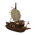 Traditional Wooden Boat With Classic Sail Design Wooden Cabin And Hanging Red Lanterns On Deck