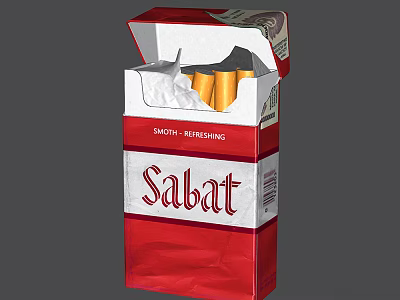 Open Red And White Sabat Cigarette Pack With Yellow Cigarettes And Smoking Kills Label 3d model