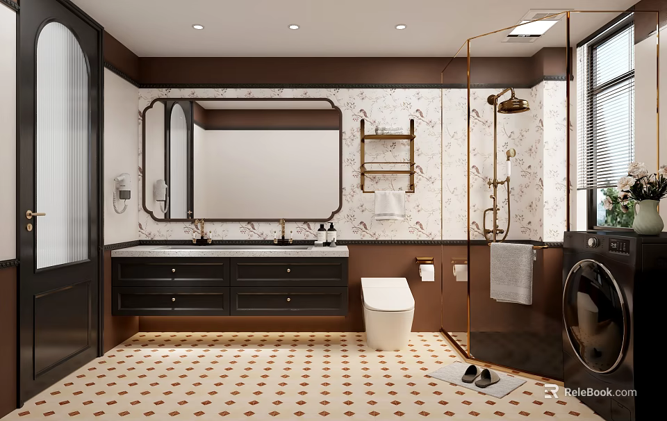 Modern Bathroom Interior With Double Sink Large Mirror Wall Shelf Toilet Shower And Tiled Floor 3d model 