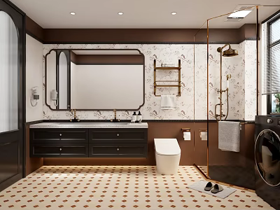 Modern Bathroom Interior With Double Sink Large Mirror Wall Shelf Toilet Shower And Tiled Floor 3d model