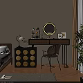 Modern Dressing Table With Rattan Design Round Mirror Chair Lamp And Potted Plant