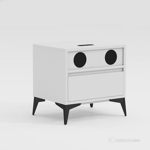 White Bedside Table With Black Circular Elements Drawer And Modern Black Legs 3d model 