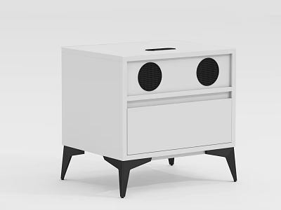 White Bedside Table With Black Circular Elements Drawer And Modern Black Legs 3d model