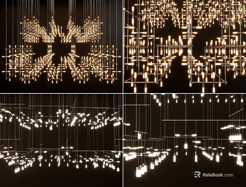 Various Modern Chandelier Designs With Geometric Structures Metal Frames And Warm Ambient Lighting 3d model 