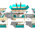 Colorful Market Stalls With Wooden Structure And Turquoise Green Display Racks Fans And Product Labels