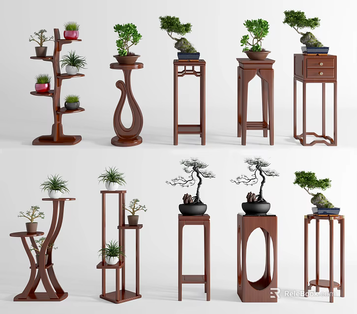 Elegant Wooden Plant Stands With Potted Bonsai And Various Designs For Indoor Decor 3d model 