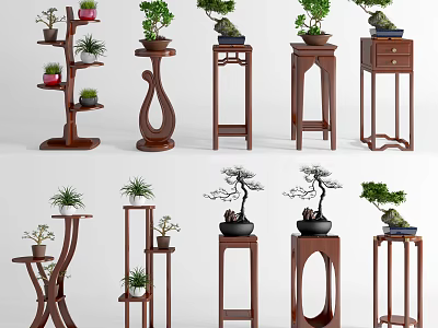 Elegant Wooden Plant Stands With Potted Bonsai And Various Designs For Indoor Decor 3d model