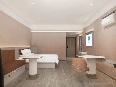 Modern Hotel Room Interior With Beige Walls Bed TV Table And Chair 3d model