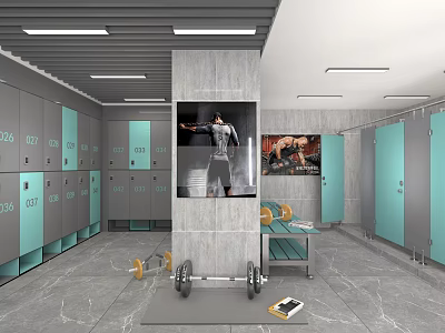 Modern Public Restroom Interior With Gray Teal Lockers Fitness Posters And Dumbbells 3d model