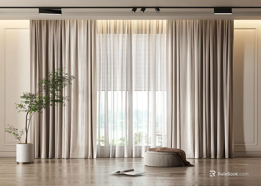 Beige Curtains In Modern Room With Window Blinds Natural Light And Floor Plant 3d model 