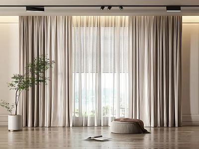Beige Curtains In Modern Room With Window Blinds Natural Light And Floor Plant 3d model