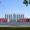 Modern Fire Station Exterior With Red Garage Doors And Large Glass Windows