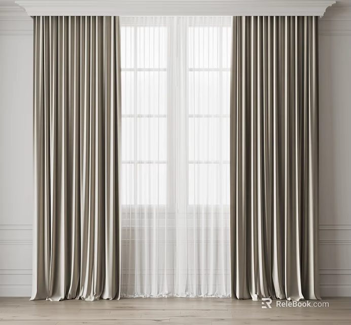 Elegant Double Layer Curtains With Beige Outer And White Sheer For Minimalist Window 3d model
