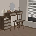 Wooden Dressing Table With Round Mirror Table Lamp Drawers And Stool By Window 3d model