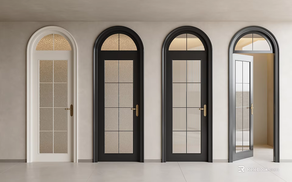Hinged Doors With Arched Top Glass Panels Golden Handles White Black Colors Light Tile Floor 3d model 
