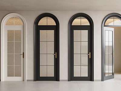 Hinged Doors With Arched Top Glass Panels Golden Handles White Black Colors Light Tile Floor 3d model