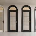Hinged Doors With Arched Top Glass Panels Golden Handles White Black Colors Light Tile Floor