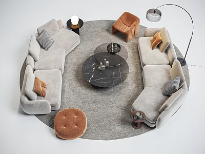 U Shaped Light Gray Sofa With Round Marble Coffee Table And Accent Chair Floor Lamp 3d model