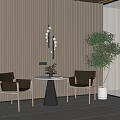 Modern Leisure Area Featuring Two Chairs Round Table Vase Green Plant And Wooden Slat Wall