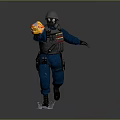 Armored Soldier Wearing Protective Gear Running With Flamethrower Fire And Water Splash
