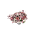 Elegant White Vase with Pink and White Roses Peonies and Purple Foliage Decorative Arrangement
