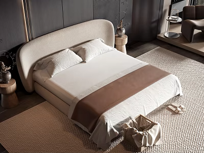Modern Double Bed Interior Design With White Bedspread Brown Blanket Rug And Bedside Tables 3d model