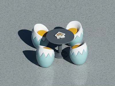 Round Table With Egg Shaped Light Blue Chairs Yellow Seats White Edges Modern Design 3d model