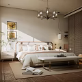 Modern Cozy Bedroom Interior Design With Chandelier Wooden Floor Paintings Bed Bench And Window Shutters