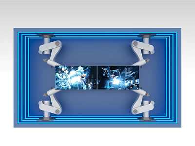 Blue Framed Structure With White Mechanical Arms And City Lights Display Screen 3d model