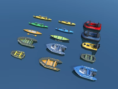 Colorful Small Boats Of Different Types With Yellow Green Red And Blue Hulls On Water 3d model