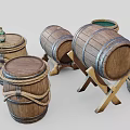 Wooden Barrels Collection Featuring Various Sizes Rope Bindings Green Interior And Stands