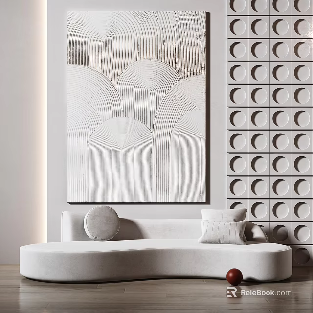 Modern Interior With White Curved Sofa Textured Abstract Painting And Circular Wall Panels 3d model 