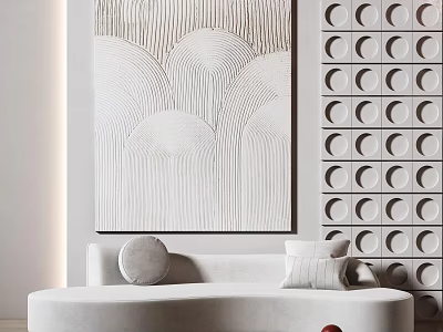 Modern Interior With White Curved Sofa Textured Abstract Painting And Circular Wall Panels 3d model