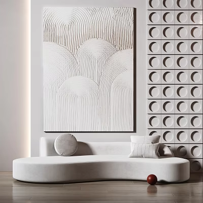 Modern Interior With White Curved Sofa Textured Abstract Painting And Circular Wall Panels 3d model