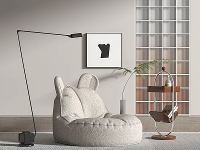 Cozy Cream Bunny Ear Bean Bag Chair With Floor Lamp Wall Art And Potted Plant 3d model