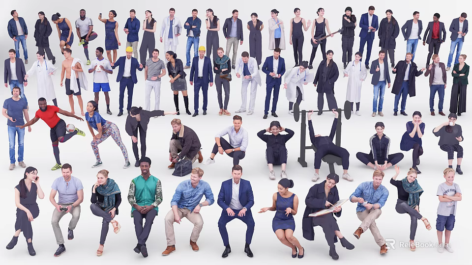 Diverse Group of People with Various Poses and Different Outfits on White Background 3d model 