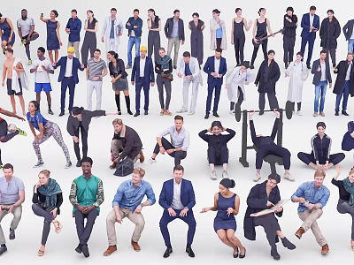 Diverse Group of People with Various Poses and Different Outfits on White Background 3d model