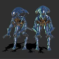 Three Silver Metallic Alien Creatures With Sharp Claws Carapace Heads And Streamlined Bodies 3d model