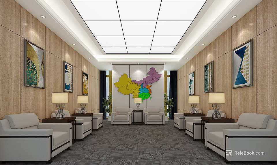 Elegant Modern Hotel Public Lounge With Sofas Coffee Tables Decorative Paintings And Large Map Decoration 3d model 