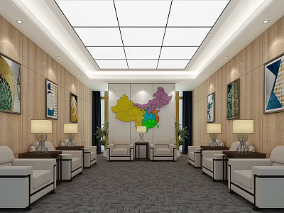 Elegant Modern Hotel Public Lounge With Sofas Coffee Tables Decorative Paintings And Large Map Decoration 3d model
