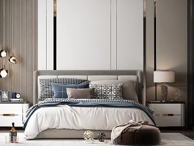 Modern Bedroom Interior Design With Plaid Blue Pillows Nightstands Table Lamp And Rug 3d model