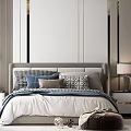 Modern Bedroom Interior Design With Plaid Blue Pillows Nightstands Table Lamp And Rug