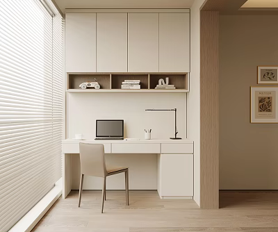 Modern Home Office Desk With White Cabinets Bookshelf Computer Lamp And Chair 3d model